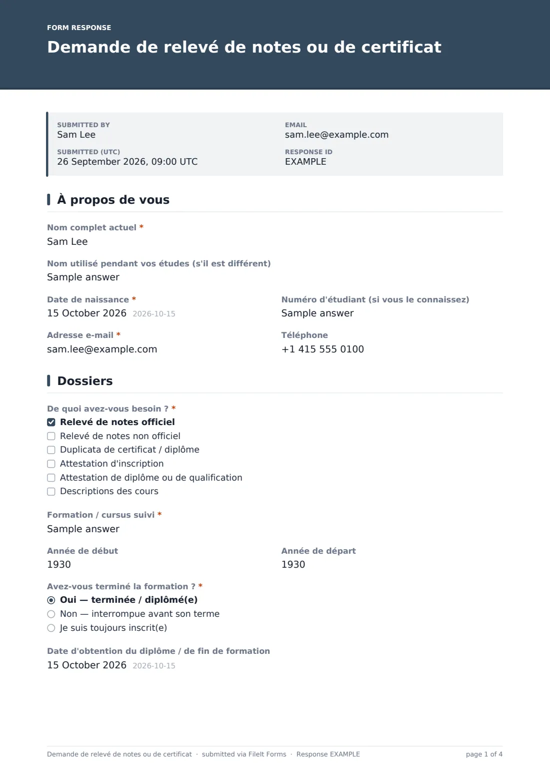 Demande de relevé de notes ou de certificat — exemple de réponse au format PDF, page 1 sur 4