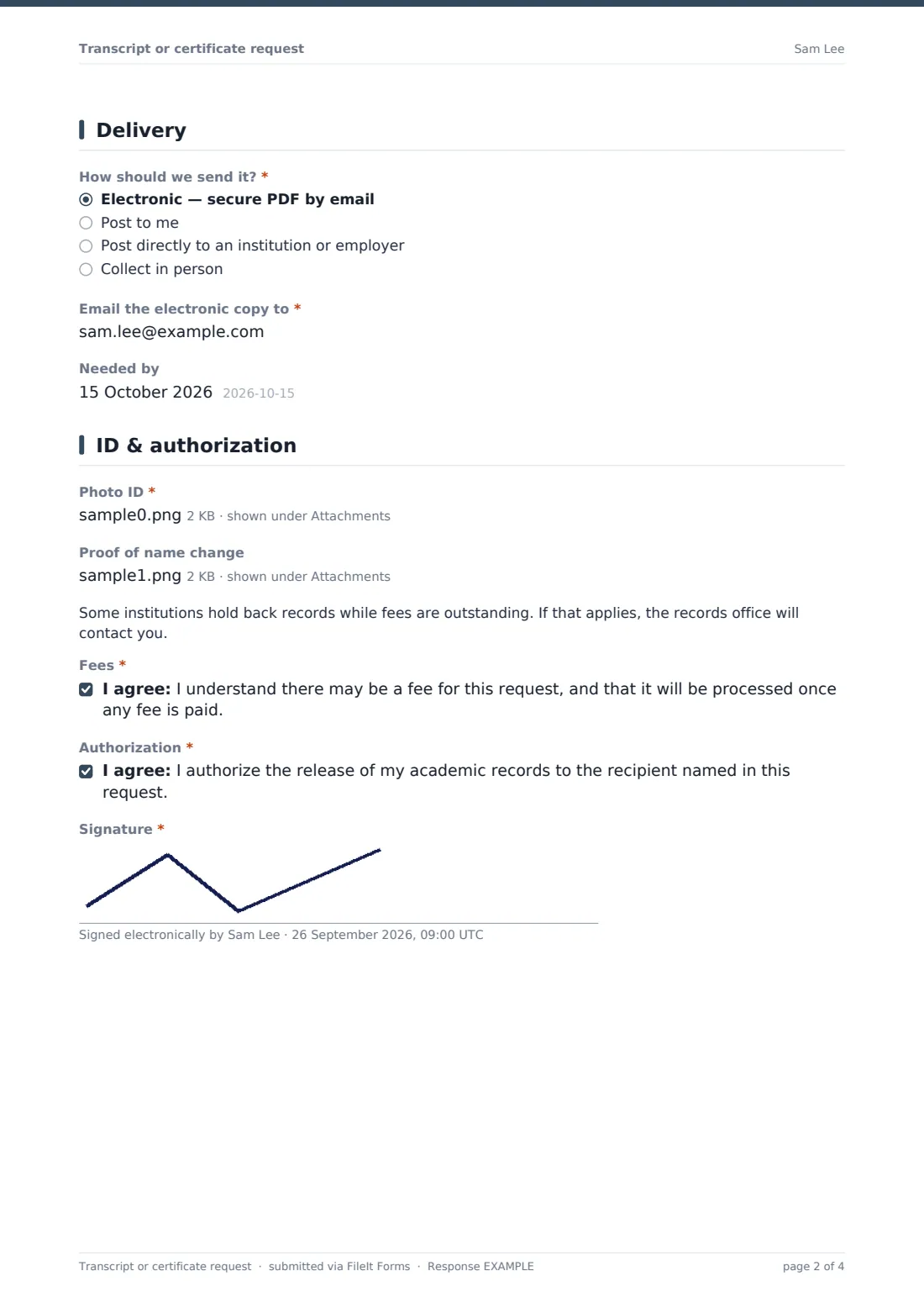 Transcript or certificate request — example response PDF, page 2 of 4