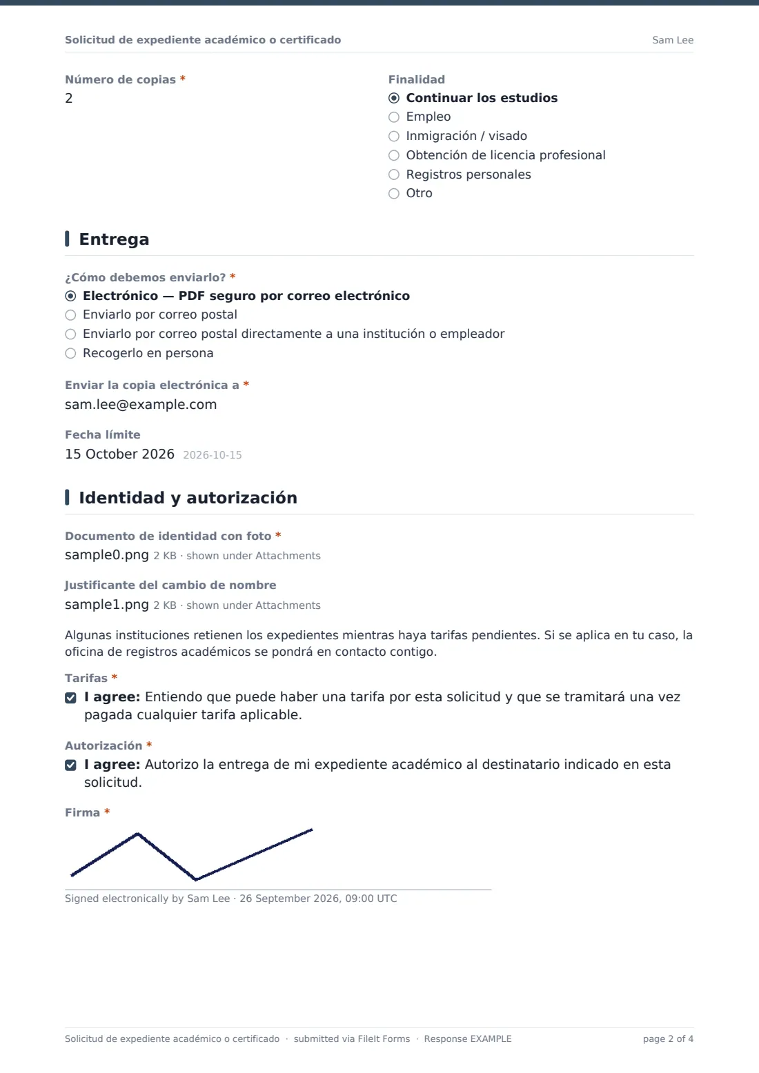 Solicitud de expediente académico o certificado — PDF de respuesta de ejemplo, página 2 de 4