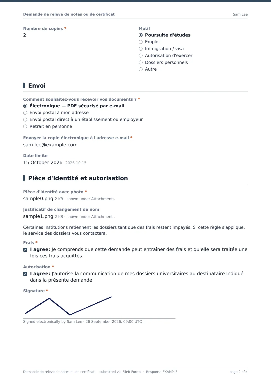 Demande de relevé de notes ou de certificat — exemple de réponse au format PDF, page 2 sur 4