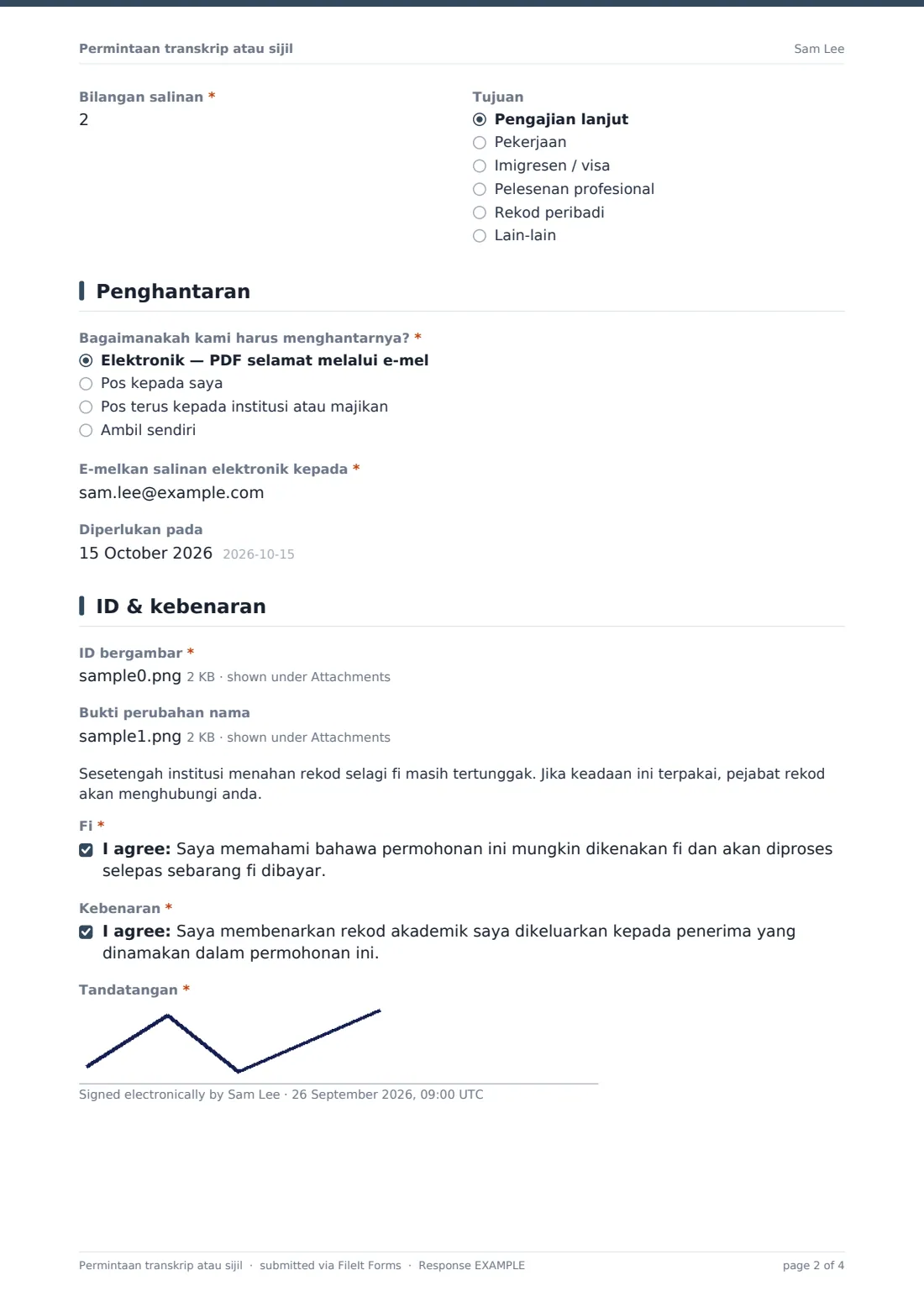 Permintaan transkrip atau sijil — PDF respons contoh, halaman 2 daripada 4