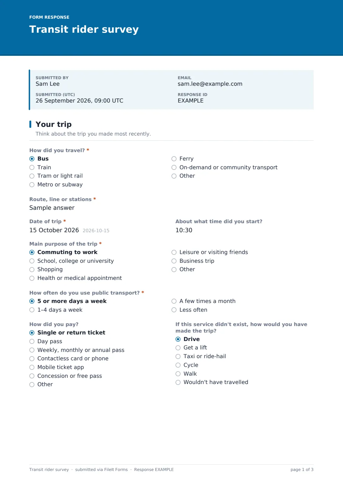 Transit rider survey — example response PDF, page 1 of 3