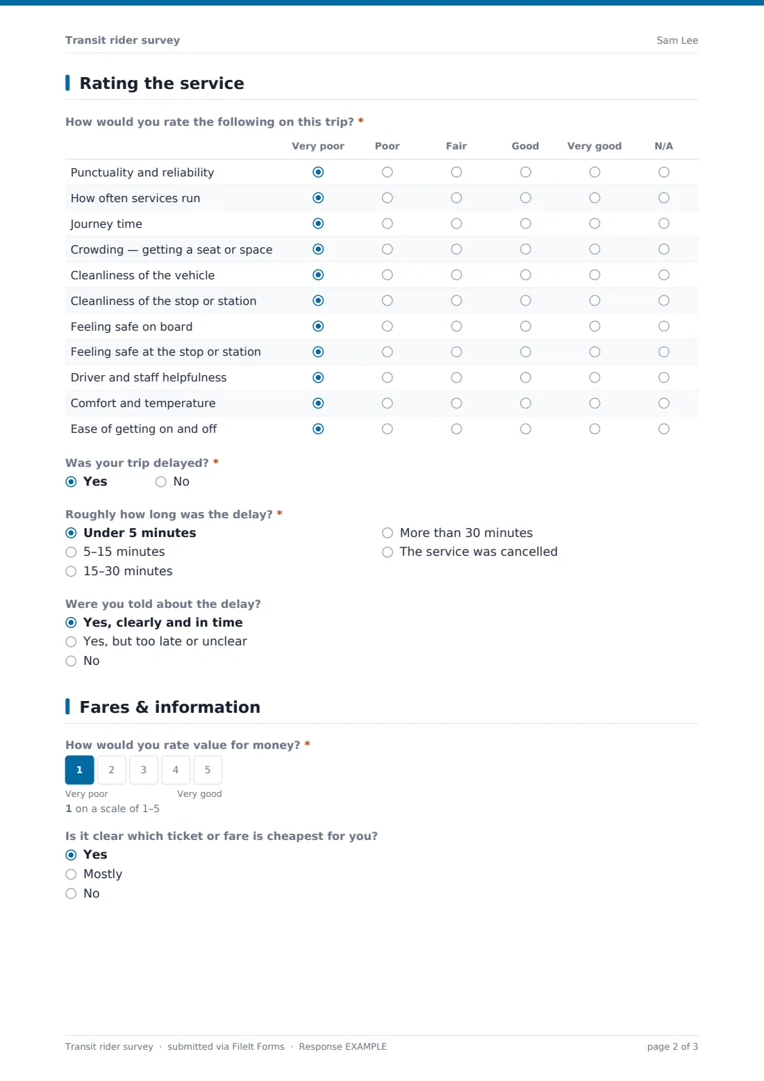 Transit rider survey — example response PDF, page 2 of 3