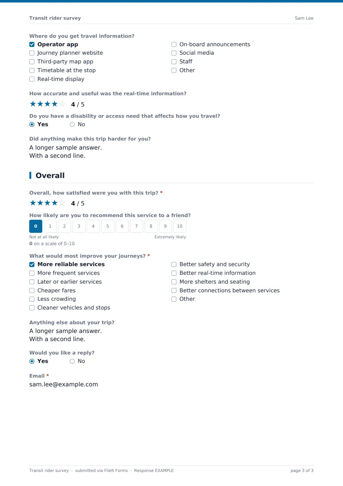 Transit rider survey — example response PDF, page 3 of 3