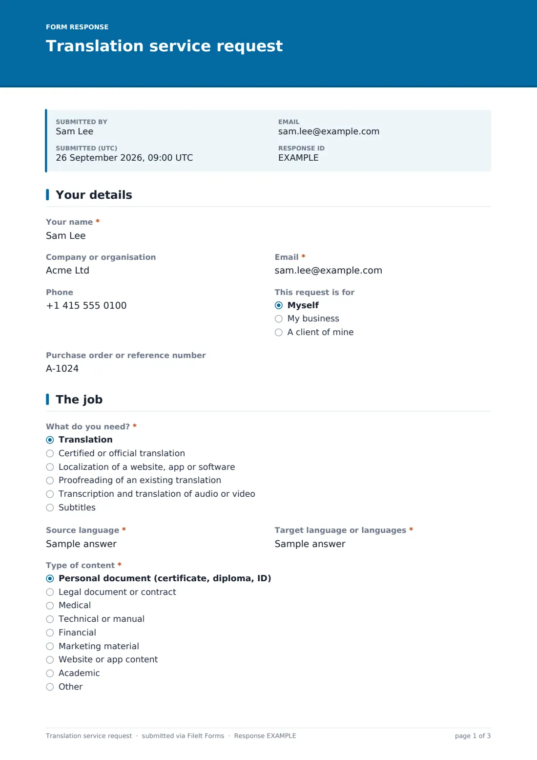 Translation service request — example response PDF, page 1 of 3