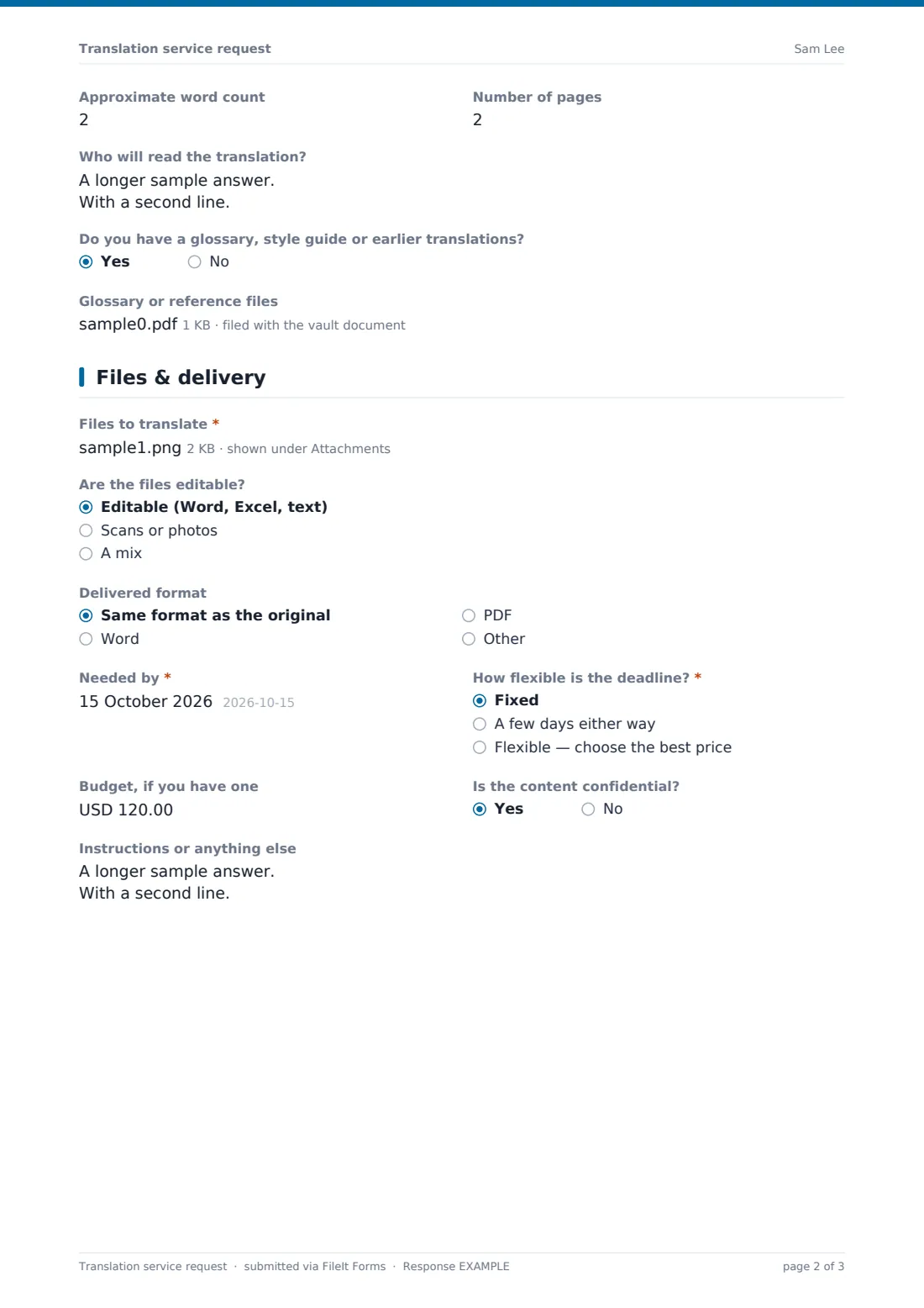 Translation service request — example response PDF, page 2 of 3