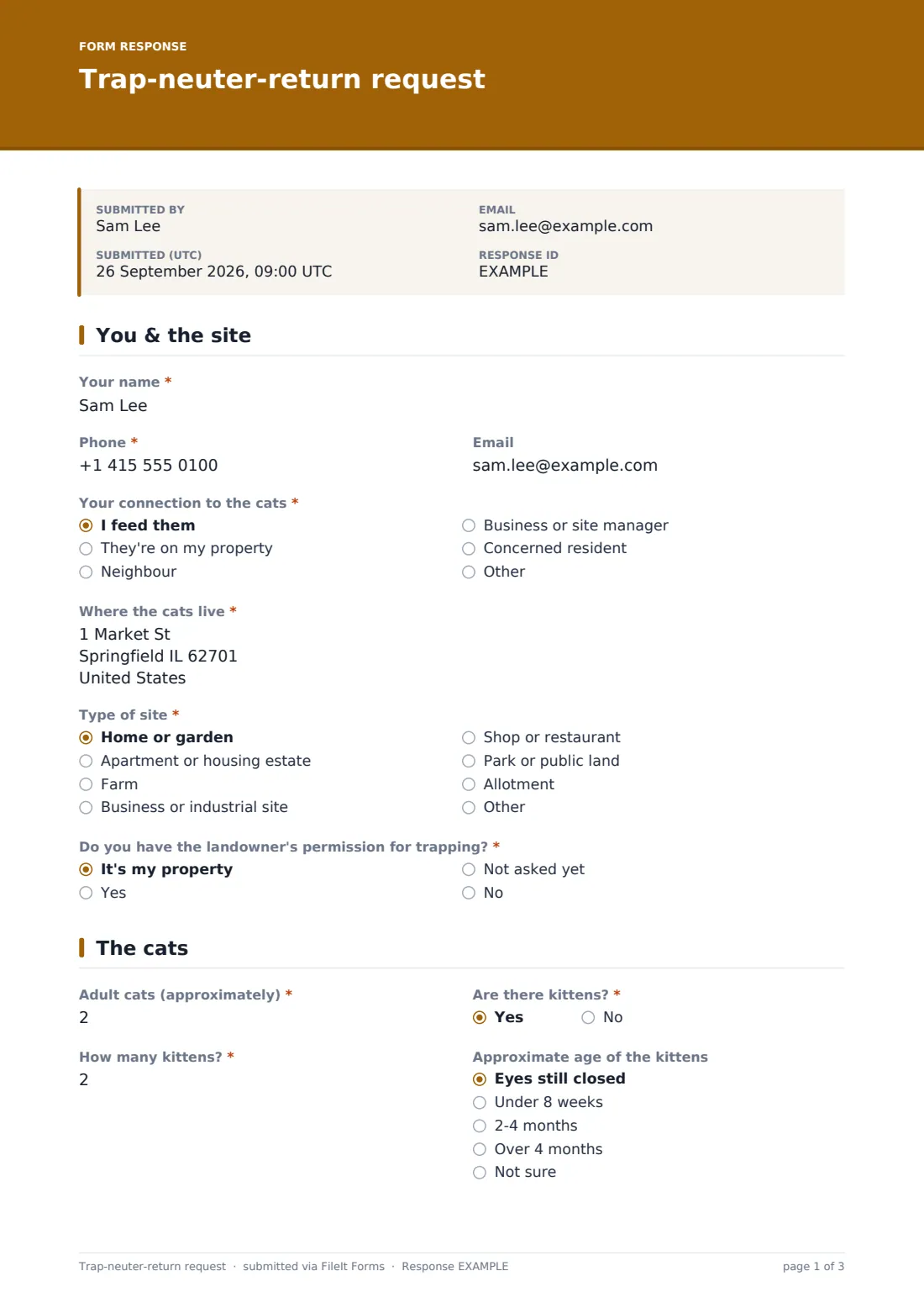 Trap-neuter-return request — example response PDF, page 1 of 3
