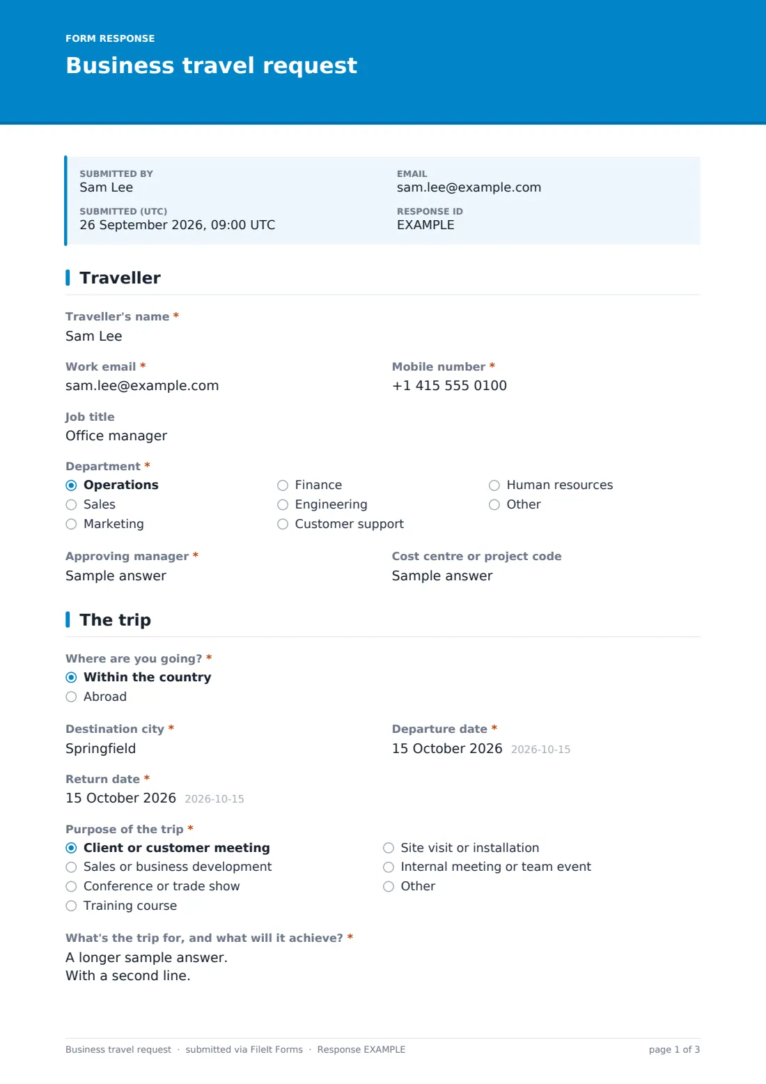 Business travel request — example response PDF, page 1 of 3
