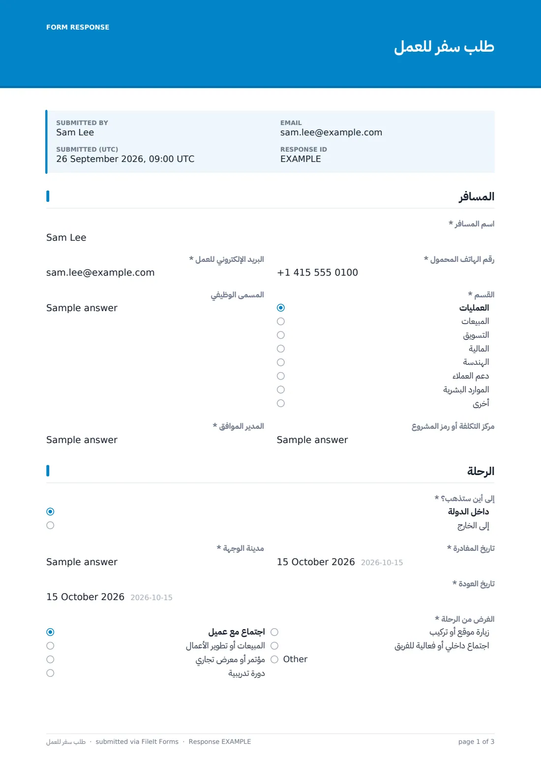 طلب سفر للعمل — ملف PDF لرد نموذجي، الصفحة 1 من 3