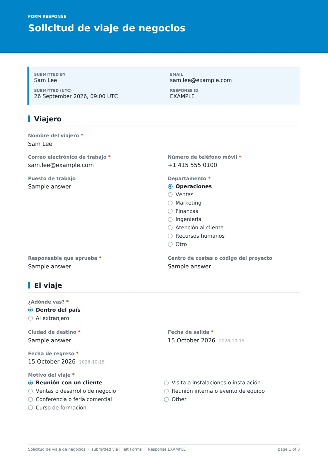 Solicitud de viaje de negocios — PDF de respuesta de ejemplo, página 1 de 3