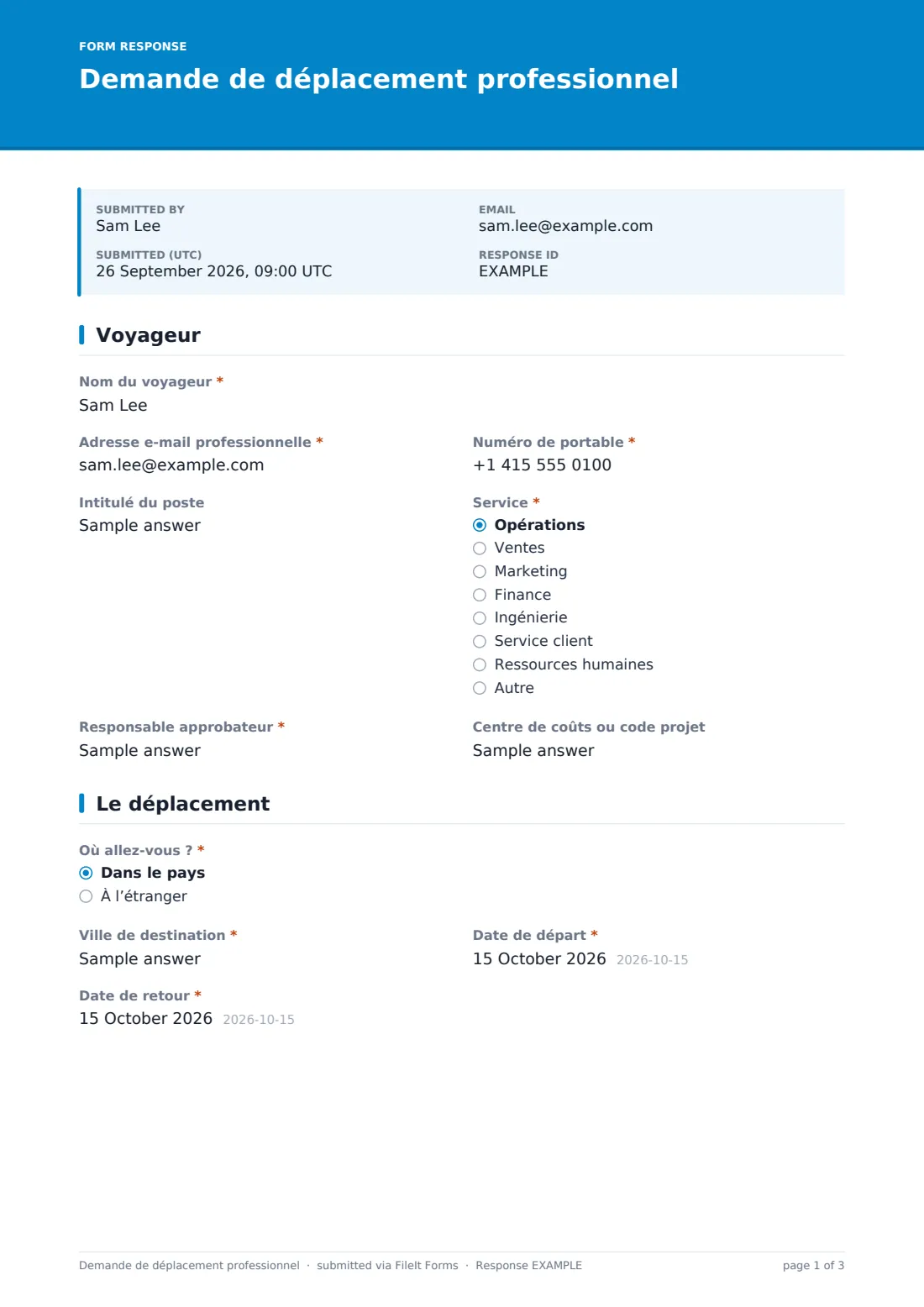 Demande de déplacement professionnel — exemple de réponse au format PDF, page 1 sur 3