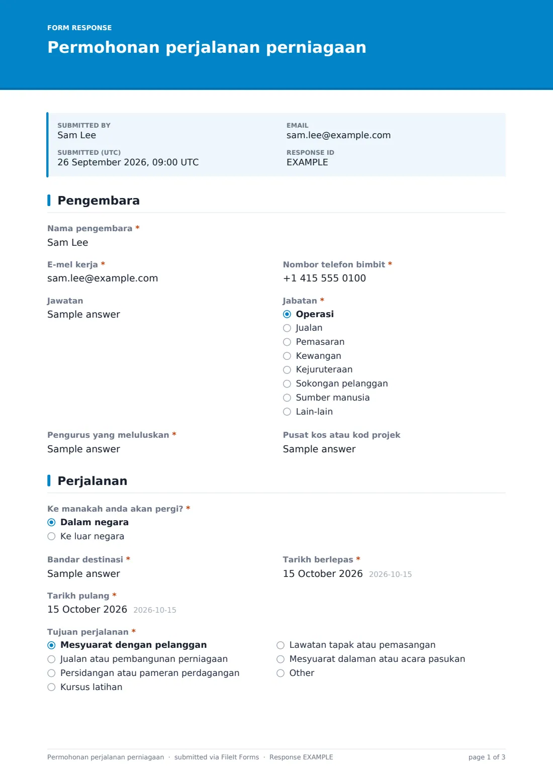 Permohonan perjalanan perniagaan — PDF respons contoh, halaman 1 daripada 3