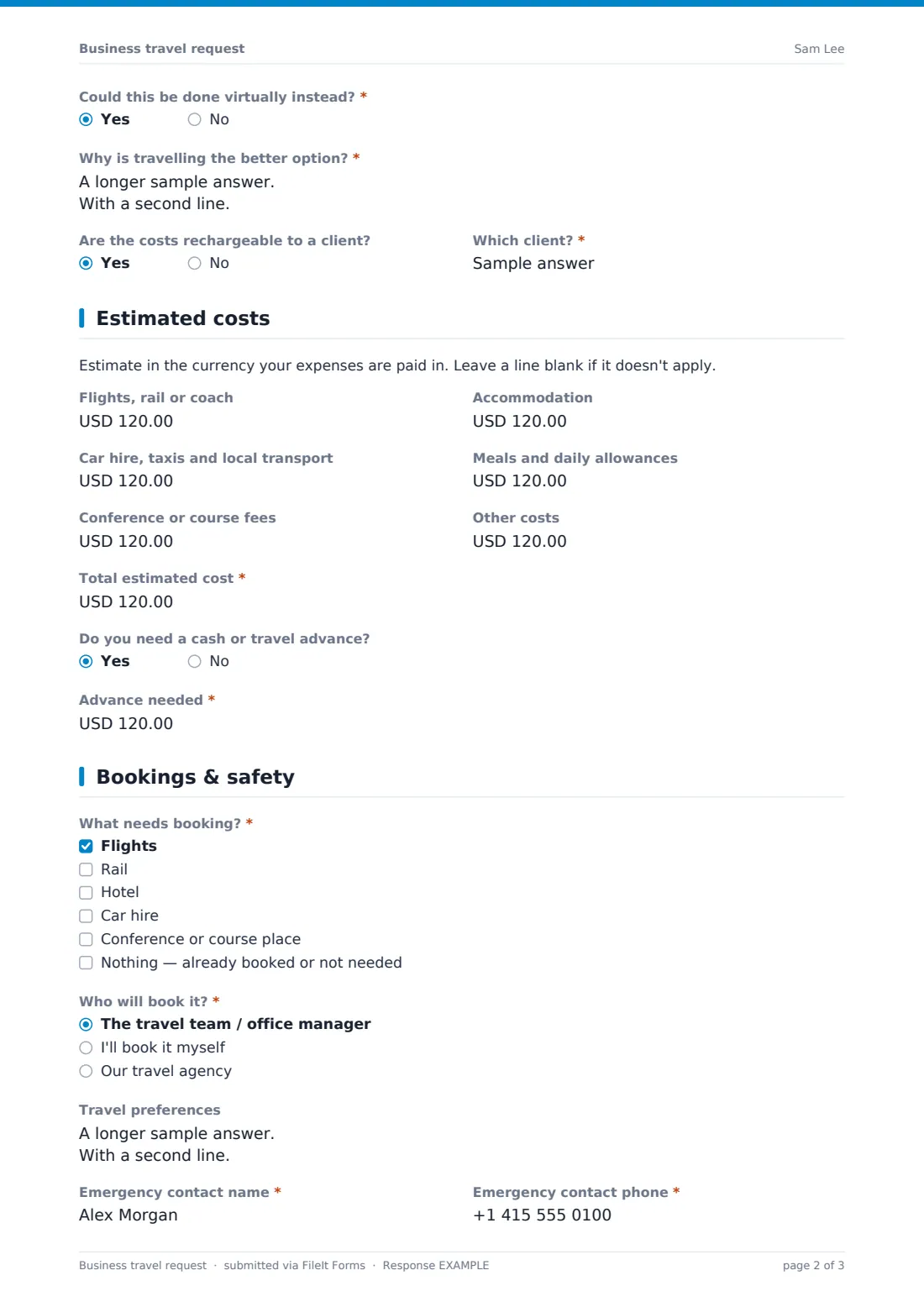 Business travel request — example response PDF, page 2 of 3