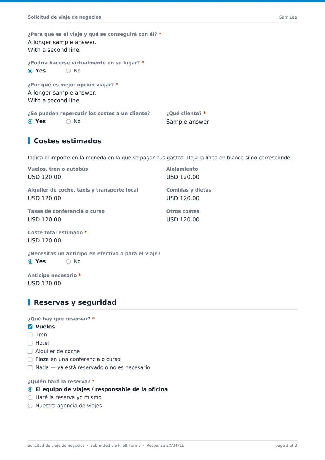 Solicitud de viaje de negocios — PDF de respuesta de ejemplo, página 2 de 3