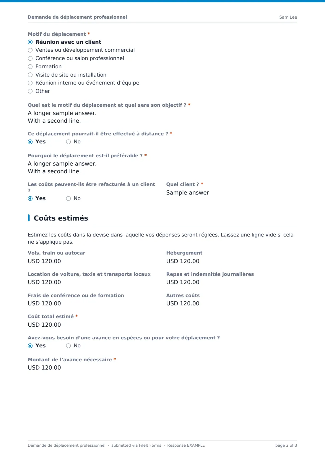 Demande de déplacement professionnel — exemple de réponse au format PDF, page 2 sur 3