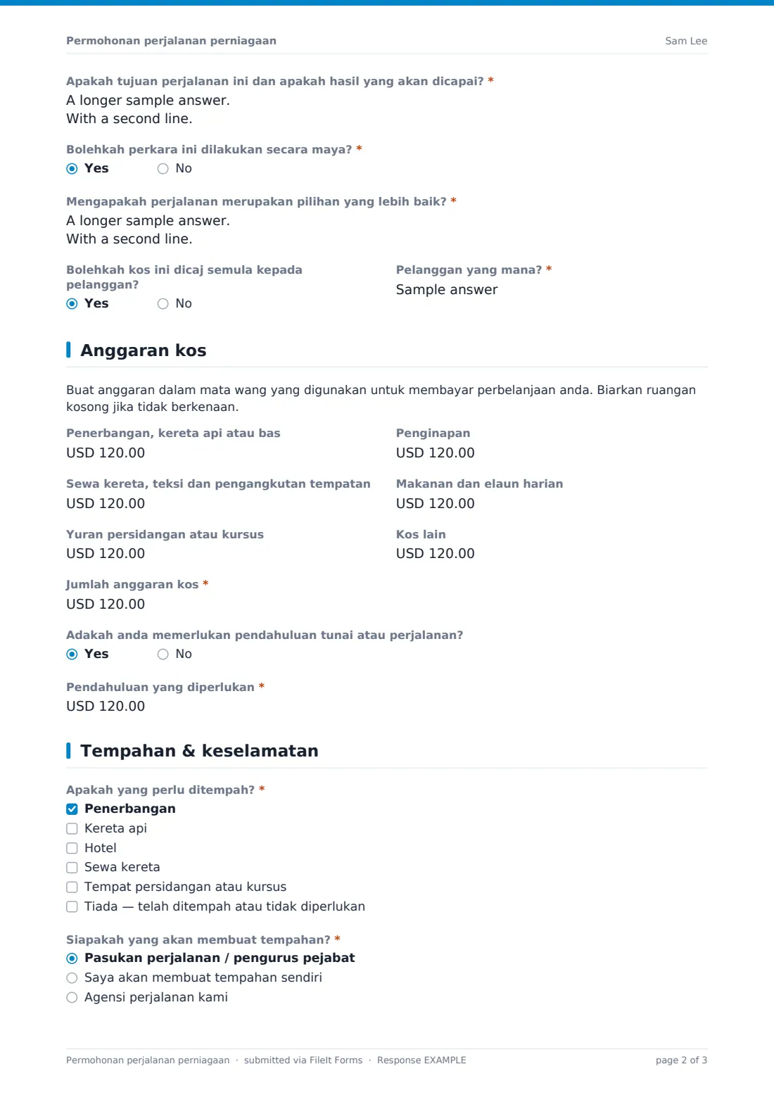 Permohonan perjalanan perniagaan — PDF respons contoh, halaman 2 daripada 3