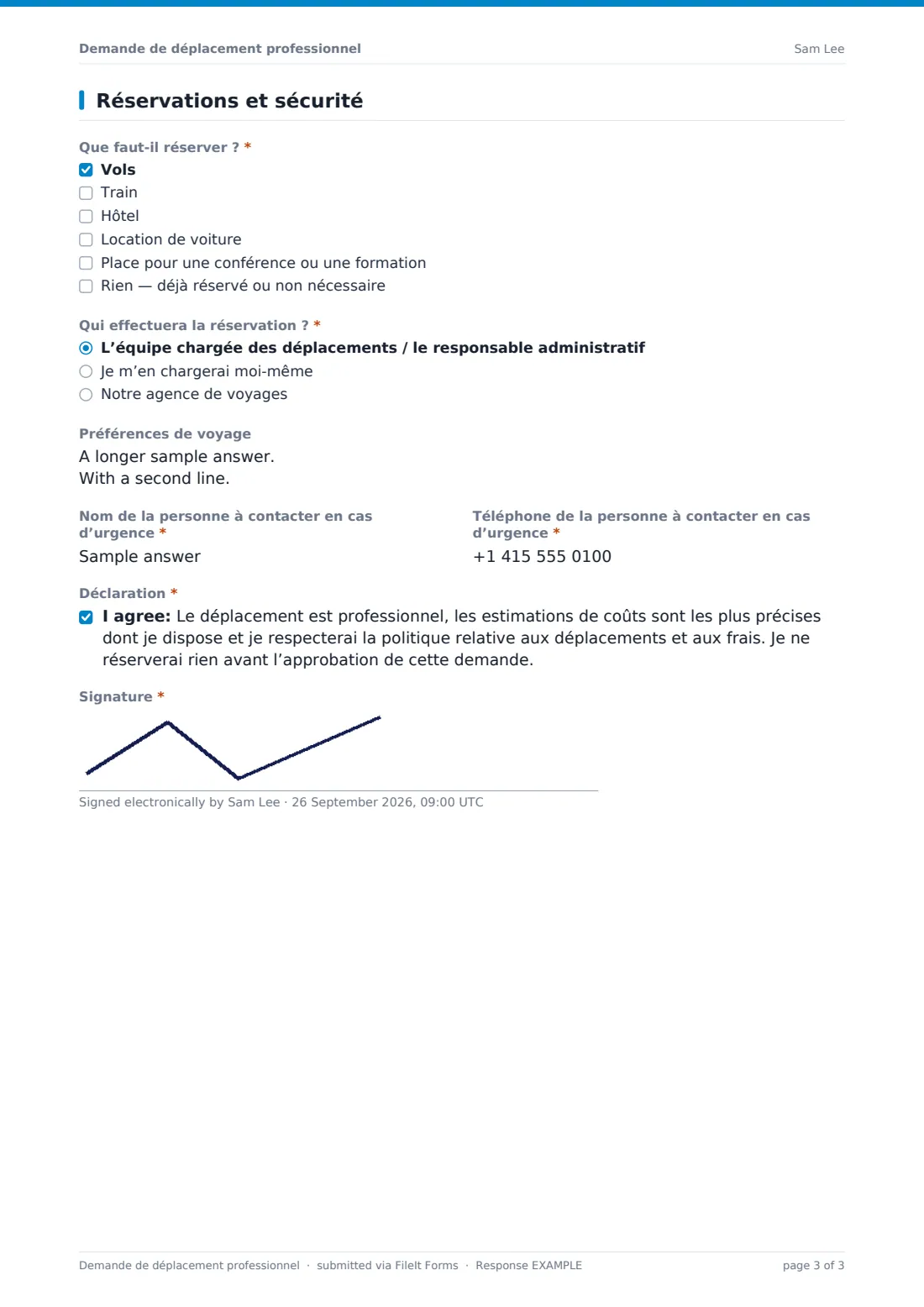 Demande de déplacement professionnel — exemple de réponse au format PDF, page 3 sur 3