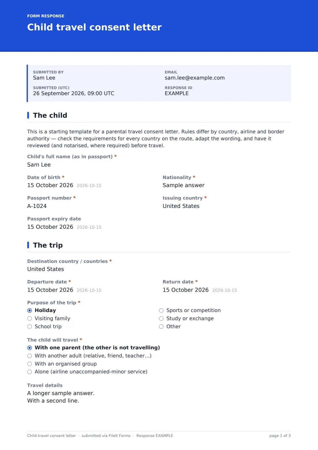 Child travel consent letter — example response PDF, page 1 of 3
