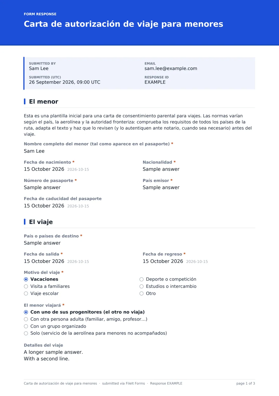 Carta de autorización de viaje para menores — PDF de respuesta de ejemplo, página 1 de 3