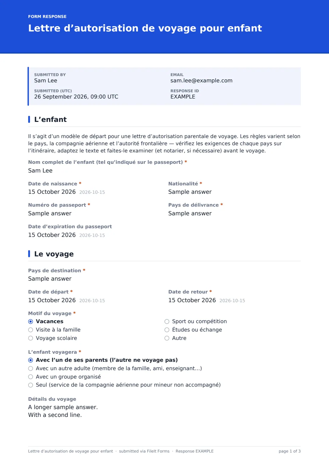 Lettre d’autorisation de voyage pour enfant — exemple de réponse au format PDF, page 1 sur 3