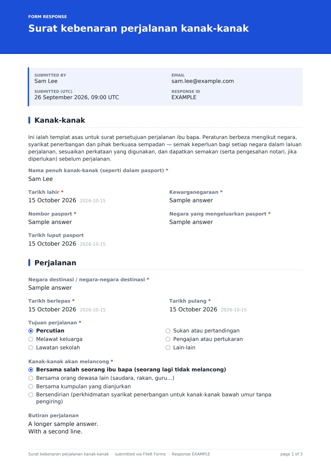 Surat kebenaran perjalanan kanak-kanak — PDF respons contoh, halaman 1 daripada 3