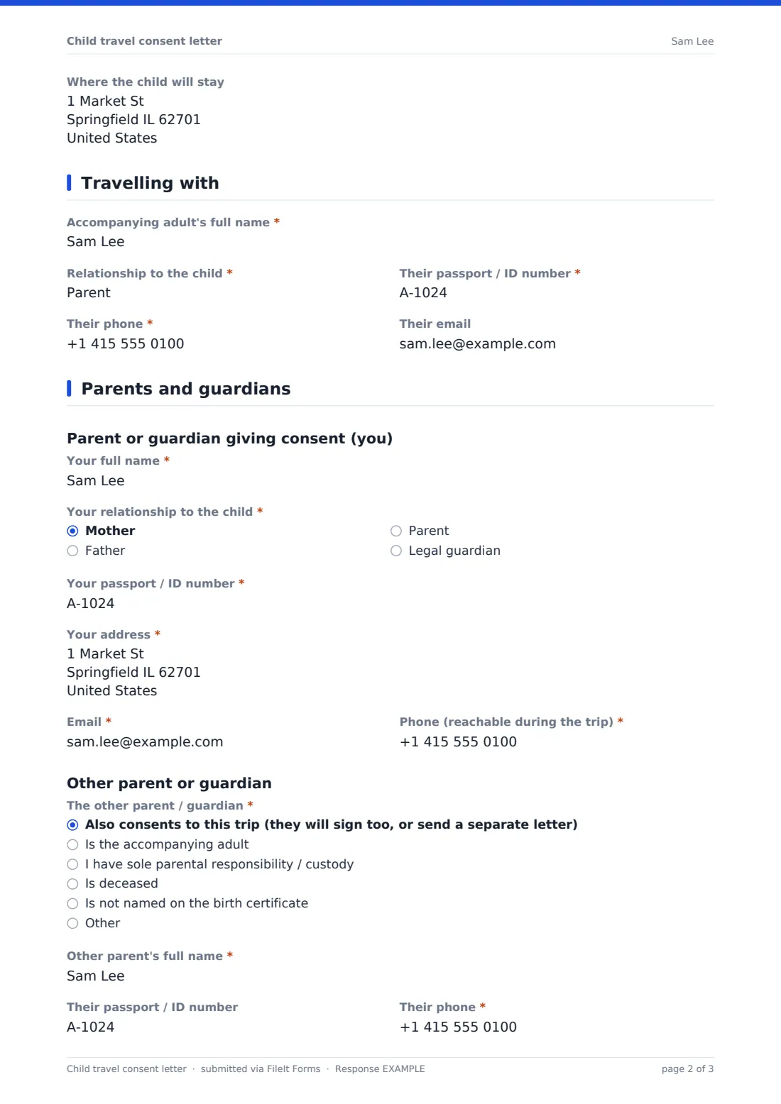 Child travel consent letter — example response PDF, page 2 of 3