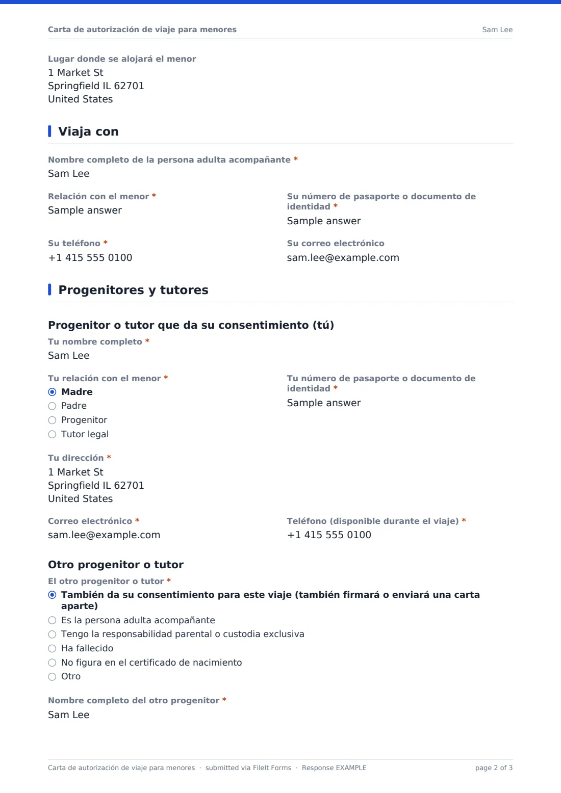 Carta de autorización de viaje para menores — PDF de respuesta de ejemplo, página 2 de 3