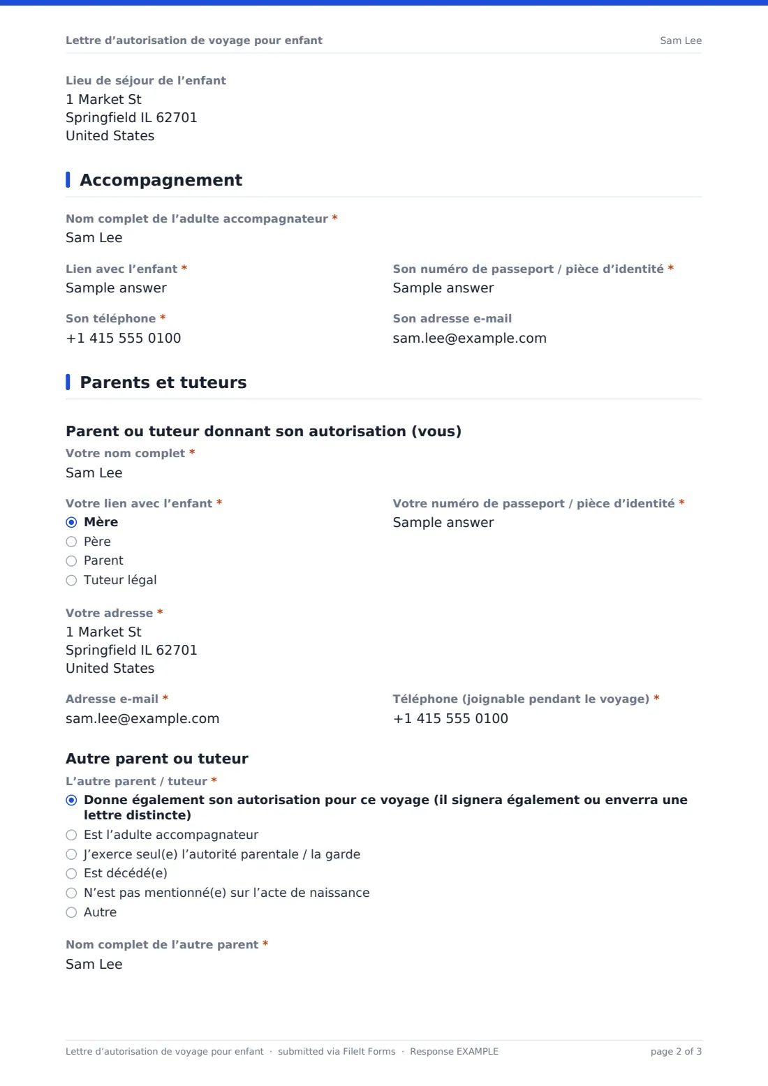 Lettre d’autorisation de voyage pour enfant — exemple de réponse au format PDF, page 2 sur 3