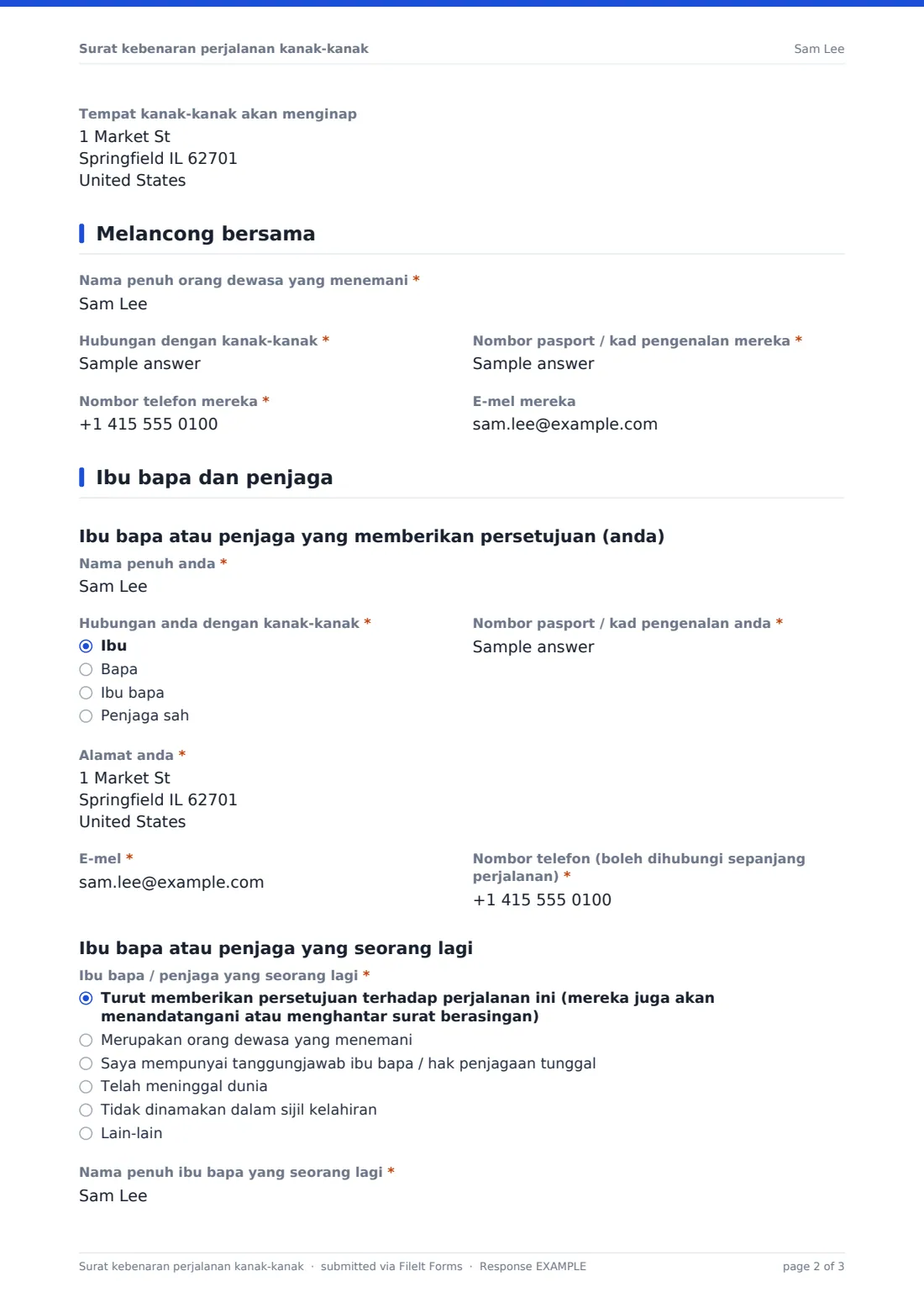 Surat kebenaran perjalanan kanak-kanak — PDF respons contoh, halaman 2 daripada 3