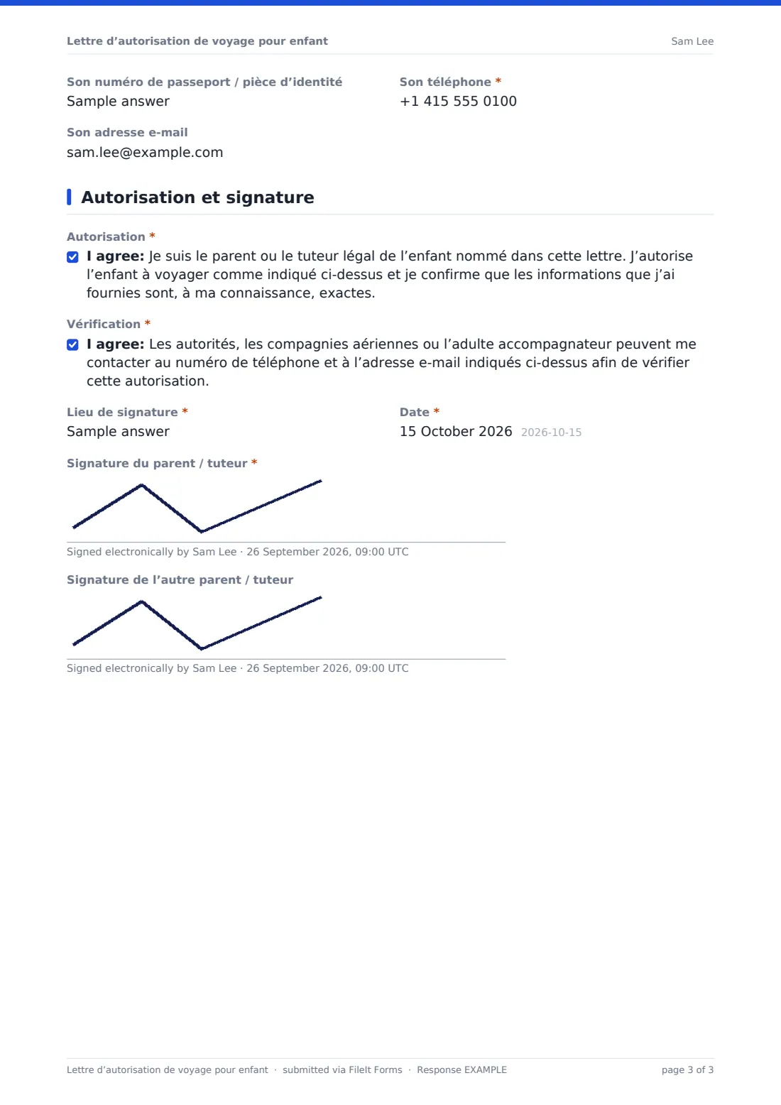 Lettre d’autorisation de voyage pour enfant — exemple de réponse au format PDF, page 3 sur 3