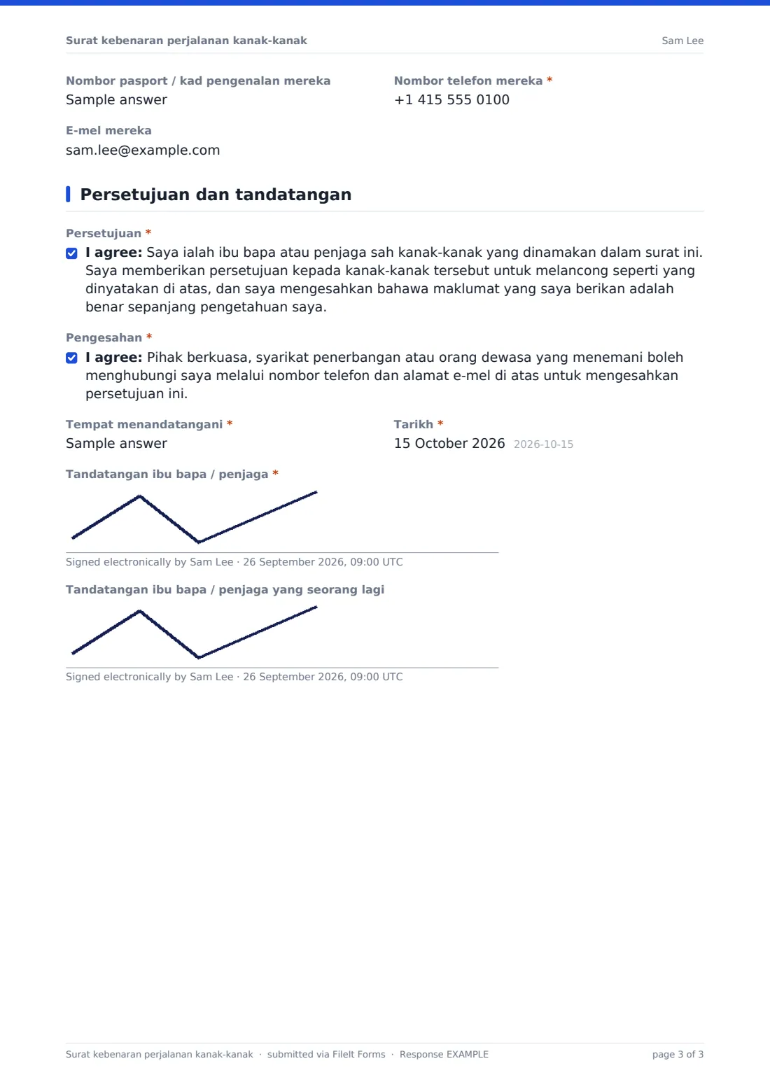Surat kebenaran perjalanan kanak-kanak — PDF respons contoh, halaman 3 daripada 3