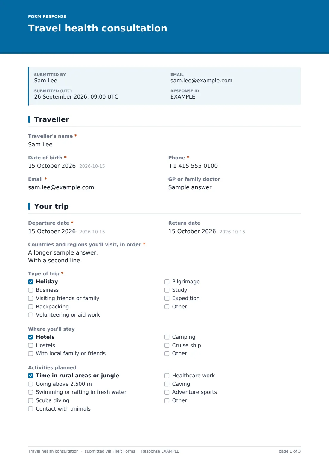 Travel health consultation — example response PDF, page 1 of 3