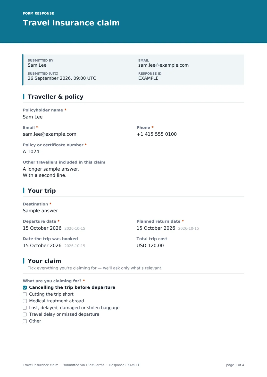 Travel insurance claim — example response PDF, page 1 of 4