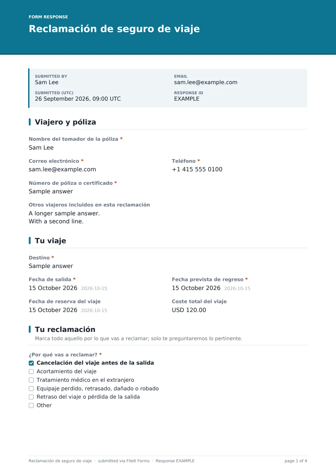 Reclamación de seguro de viaje — PDF de respuesta de ejemplo, página 1 de 4