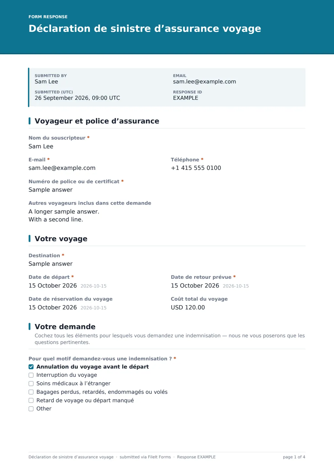 Déclaration de sinistre d’assurance voyage — exemple de réponse au format PDF, page 1 sur 4