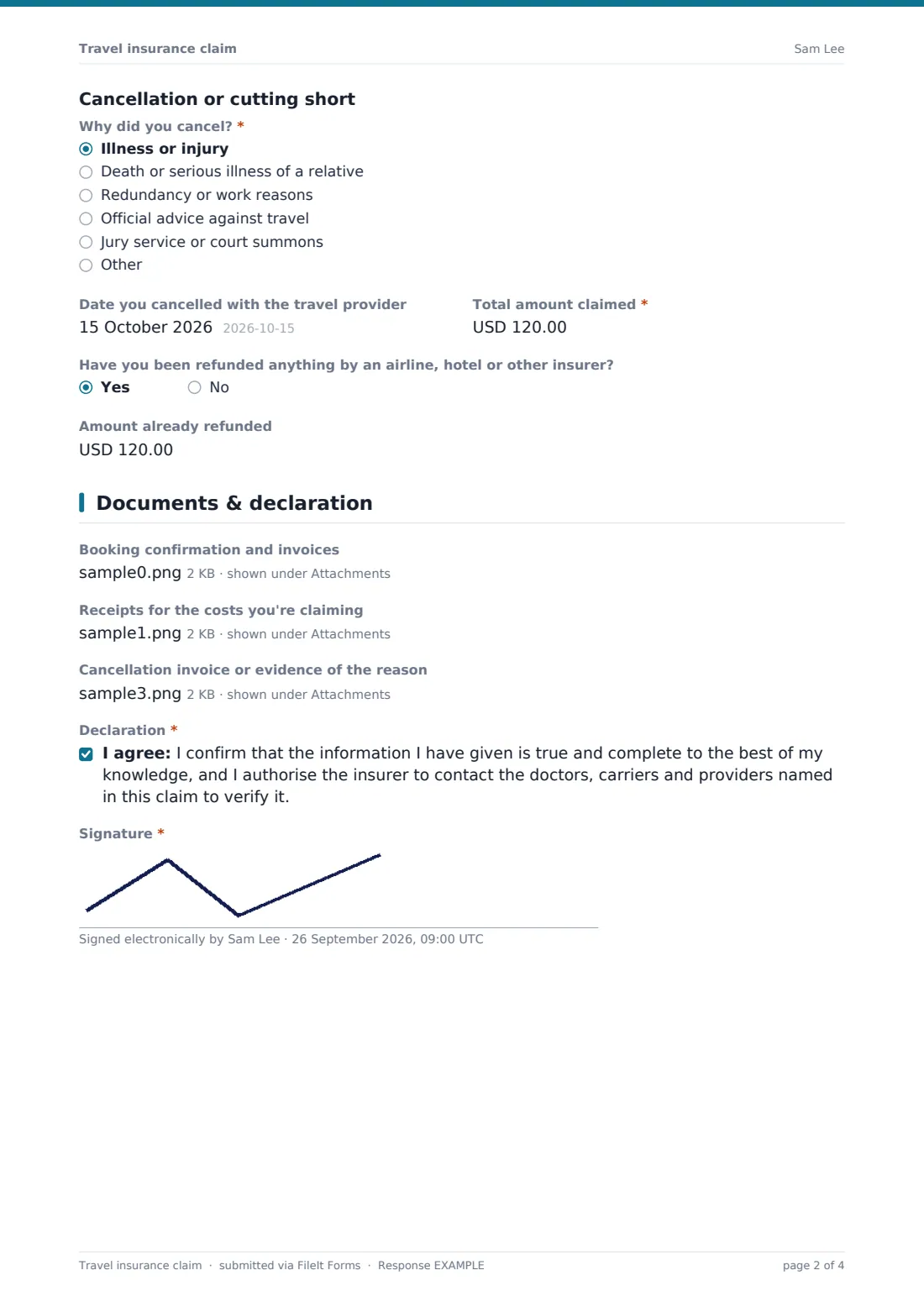 Travel insurance claim — example response PDF, page 2 of 4