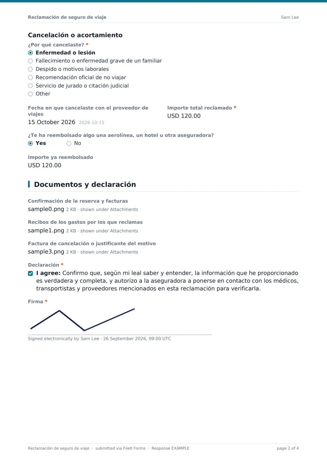 Reclamación de seguro de viaje — PDF de respuesta de ejemplo, página 2 de 4