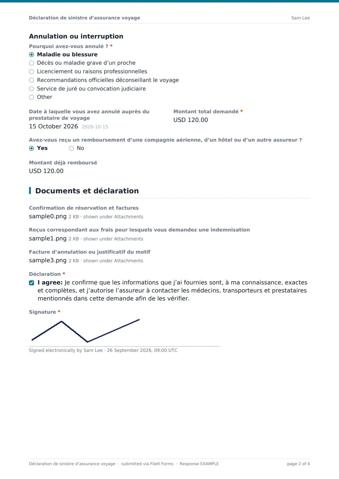 Déclaration de sinistre d’assurance voyage — exemple de réponse au format PDF, page 2 sur 4