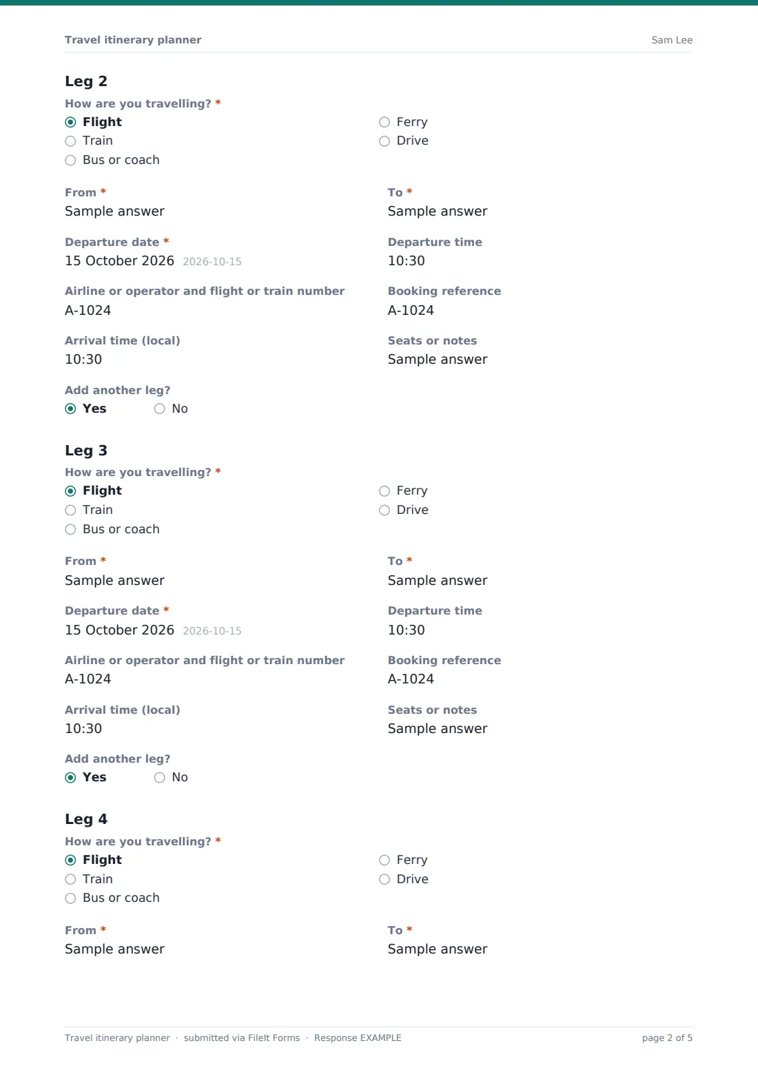 Travel itinerary planner — example response PDF, page 2 of 5