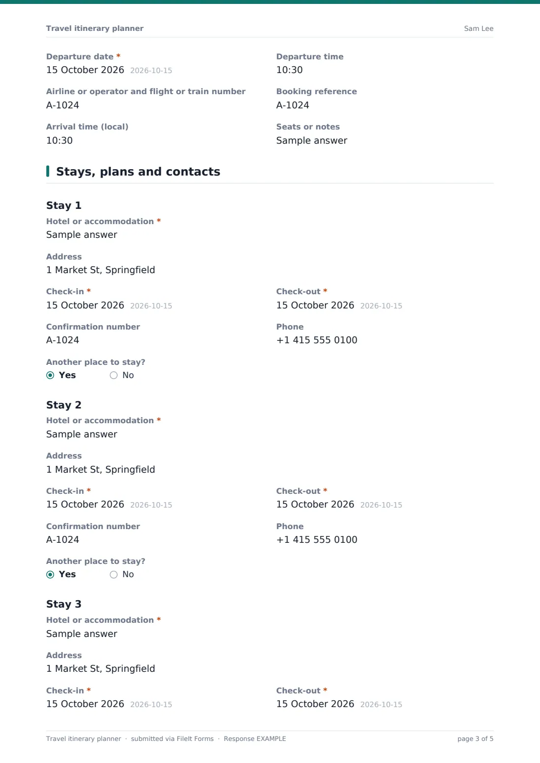 Travel itinerary planner — example response PDF, page 3 of 5