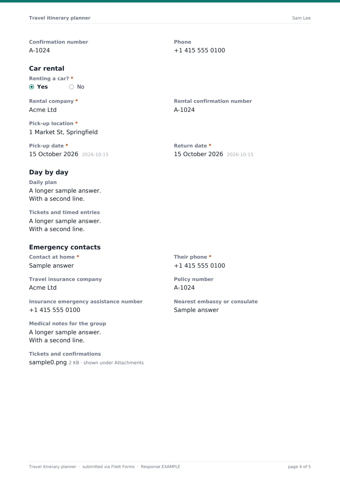 Travel itinerary planner — example response PDF, page 4 of 5