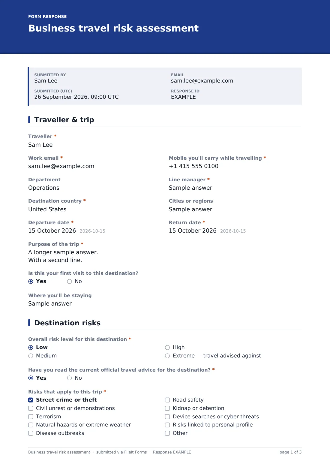 Business travel risk assessment — example response PDF, page 1 of 3