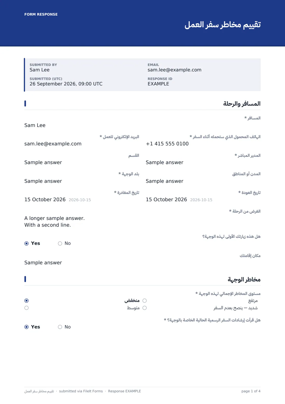 تقييم مخاطر سفر العمل — ملف PDF لرد نموذجي، الصفحة 1 من 4