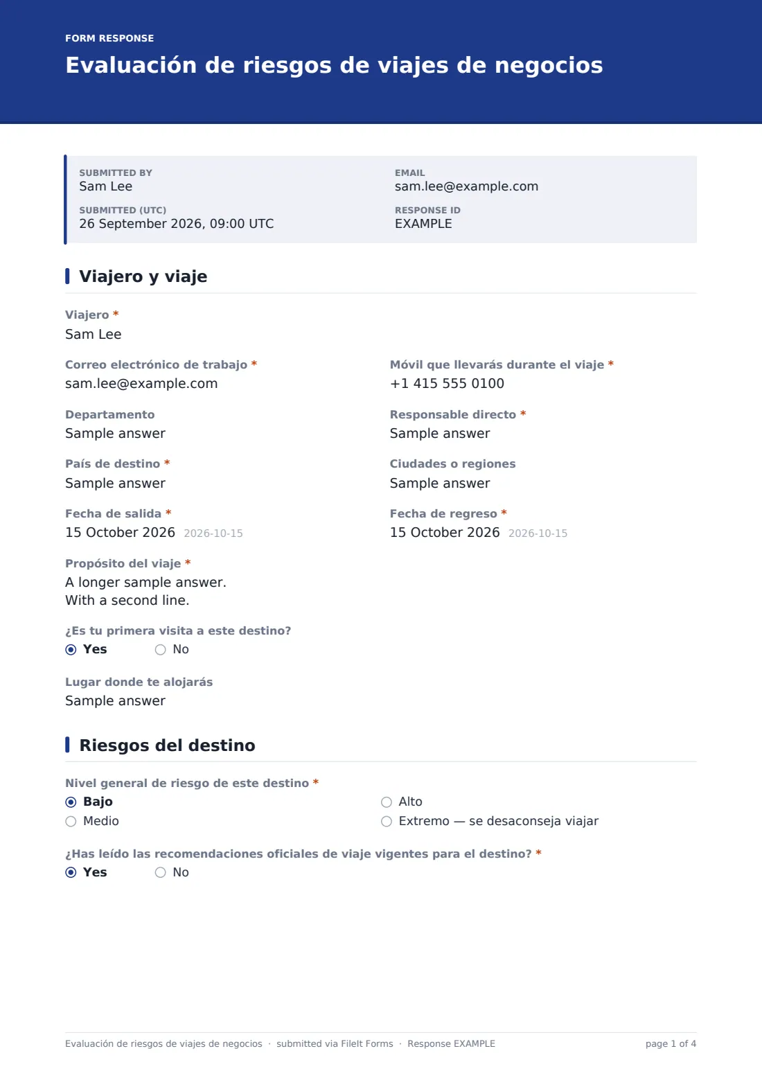 Evaluación de riesgos de viajes de negocios — PDF de respuesta de ejemplo, página 1 de 4
