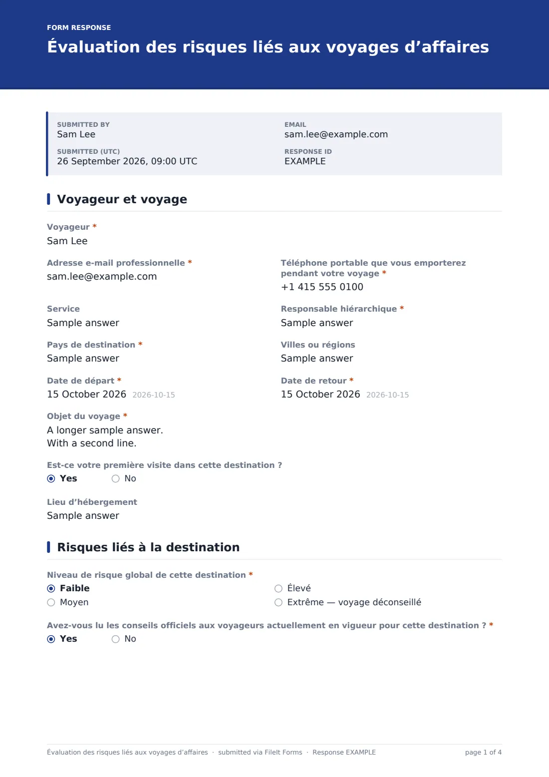 Évaluation des risques liés aux voyages d’affaires — exemple de réponse au format PDF, page 1 sur 4