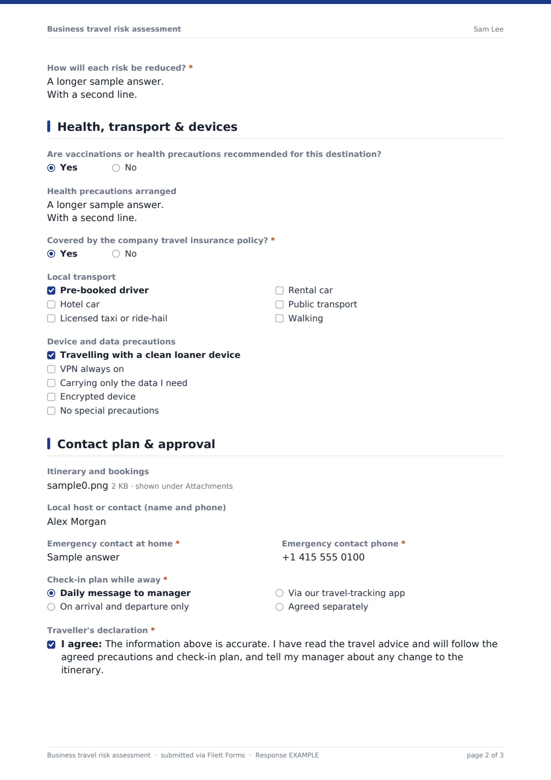 Business travel risk assessment — example response PDF, page 2 of 3