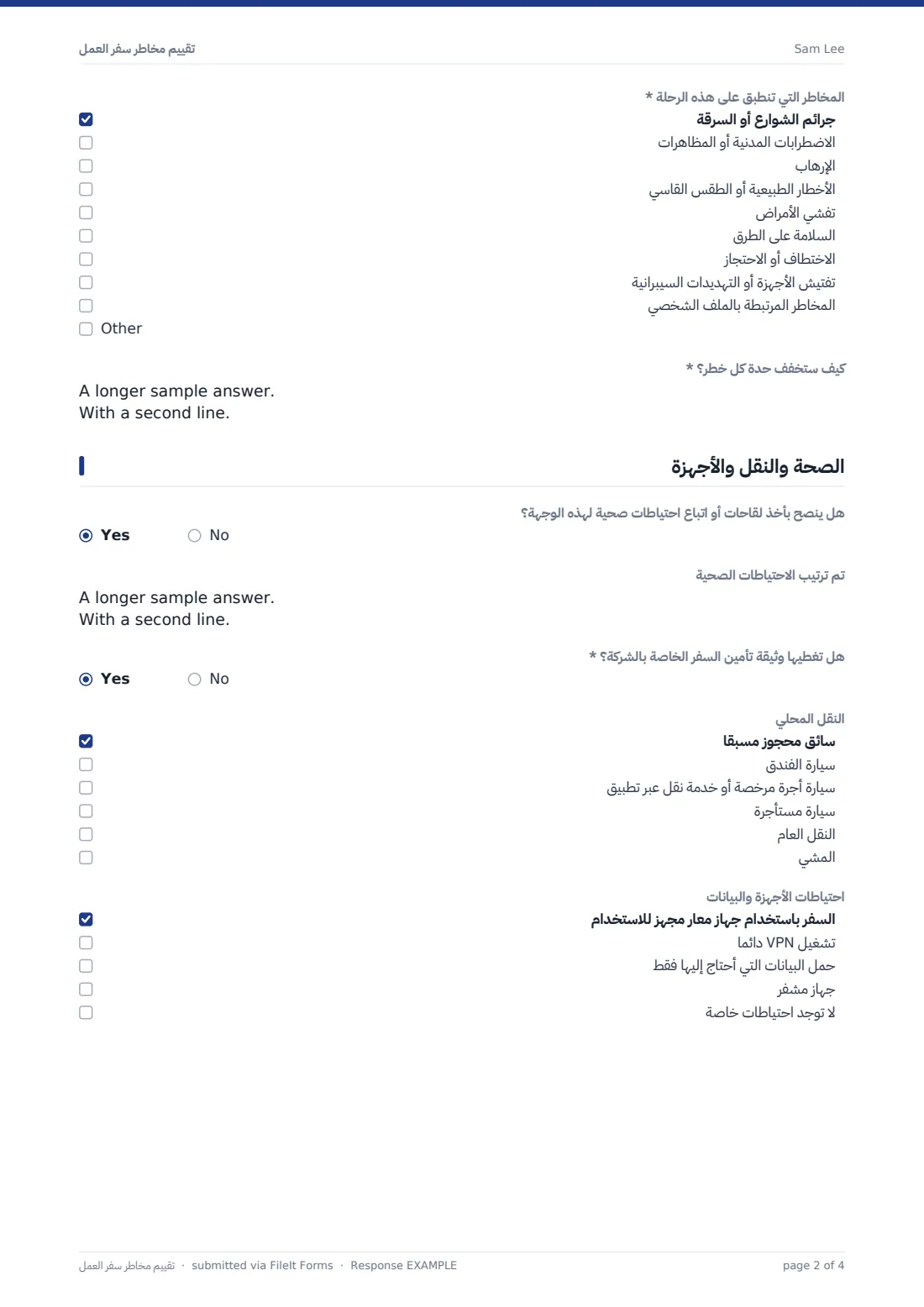 تقييم مخاطر سفر العمل — ملف PDF لرد نموذجي، الصفحة 2 من 4