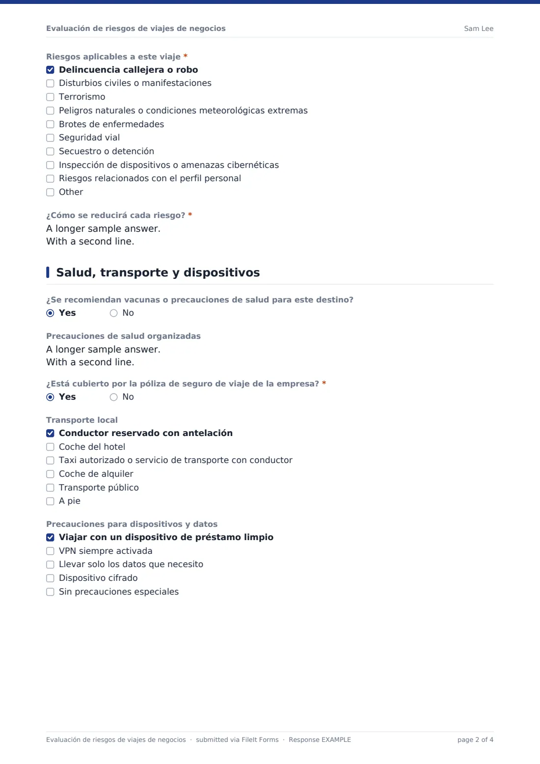Evaluación de riesgos de viajes de negocios — PDF de respuesta de ejemplo, página 2 de 4