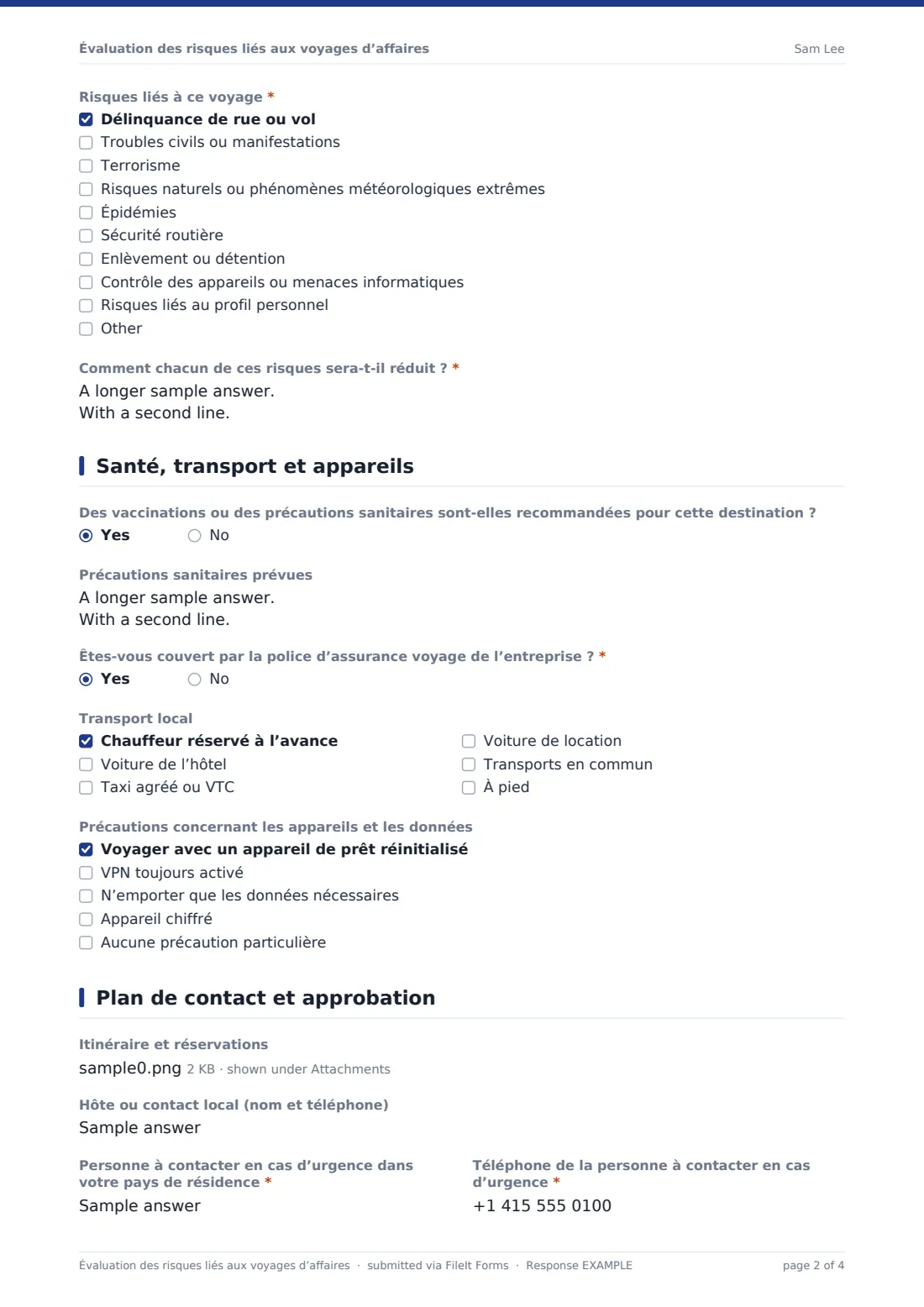 Évaluation des risques liés aux voyages d’affaires — exemple de réponse au format PDF, page 2 sur 4