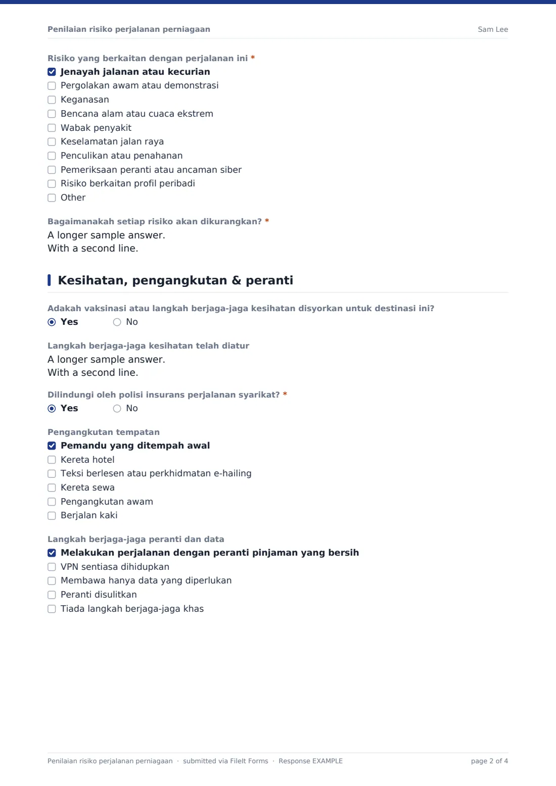 Penilaian risiko perjalanan perniagaan — PDF respons contoh, halaman 2 daripada 4
